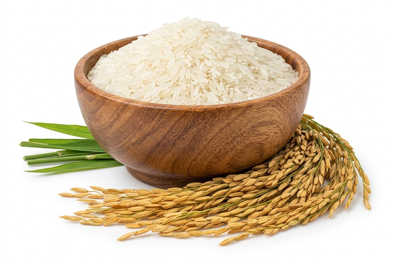 Premium basmati rice in a wooden bowl